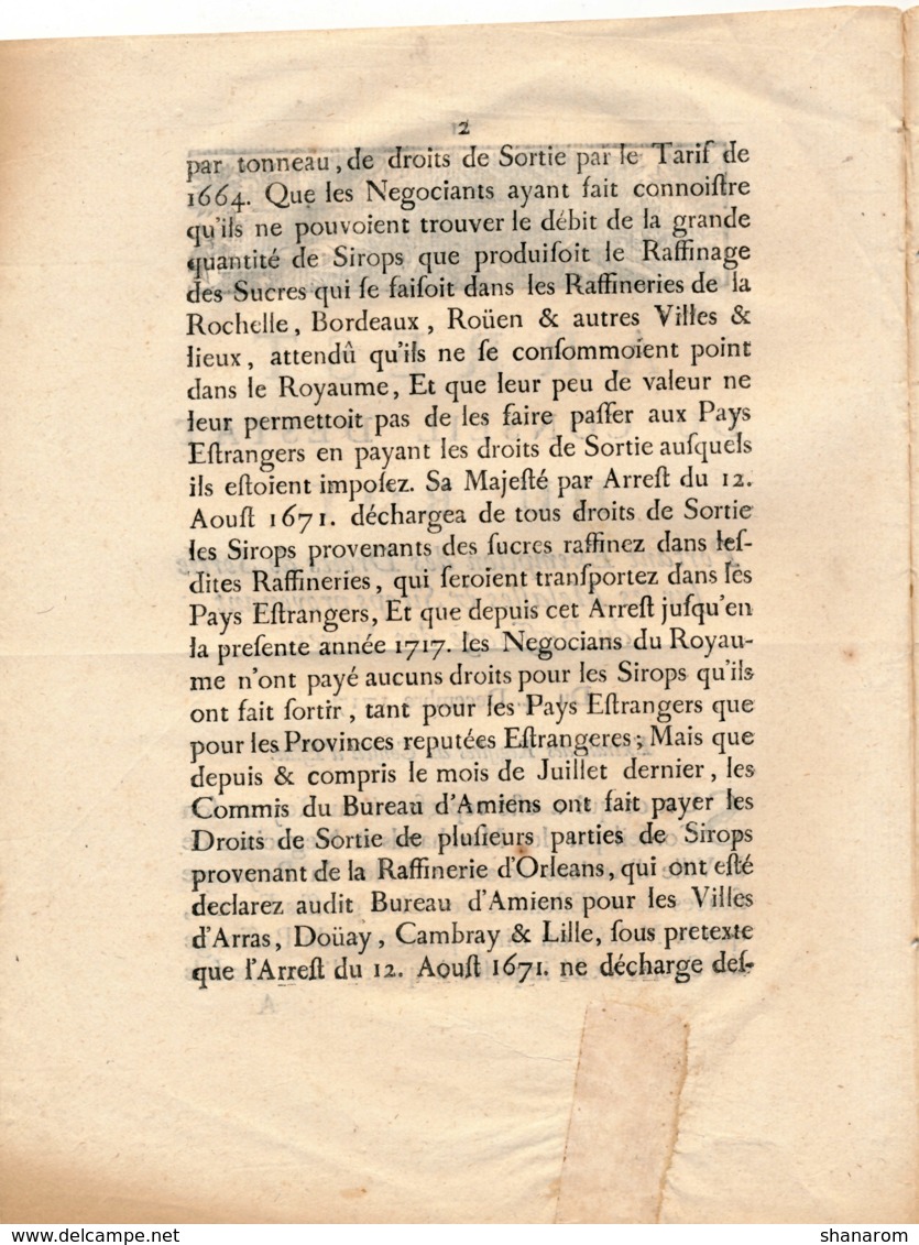 1717 // ARREST DU CONSEIL D'ESTAT DU ROY // TAXE SUR LE SUCRE - Documents Historiques