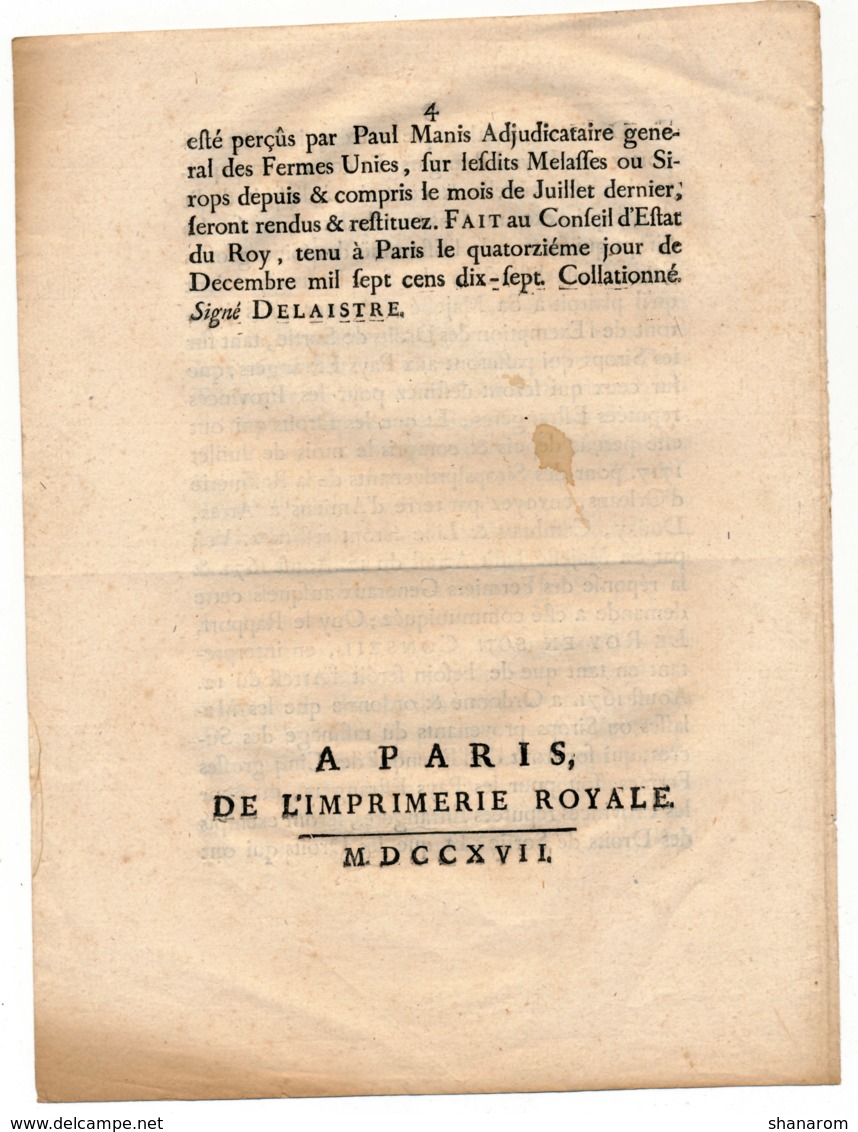 1717 // ARREST DU CONSEIL D'ESTAT DU ROY // TAXE SUR LE SUCRE - Documents Historiques