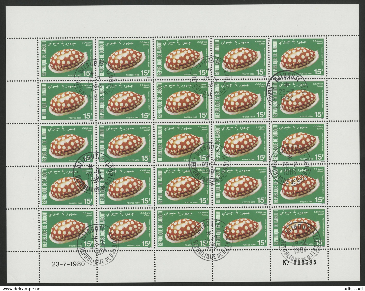 N°521 FEUILLE COMPLETE DE 25 EXEMPLAIRES COTE 6,5 EUROS DU 15 Fr COQUILLAGES CRIBRARIA - Gibuti (1977-...)