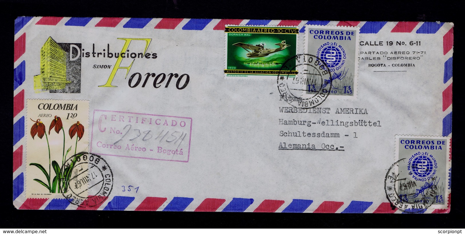 Sp6500 COLOMBIA DORNIER WAL 1924 Avions Santé Health Médecine Flora Fleurs Aviation BOGOTA "coccinea" PALUDISMO Maladies - Maladies