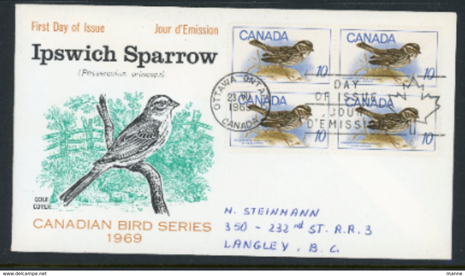 Canada 1969 FDC-Used "Ipswich Sparrow" - Used Stamps