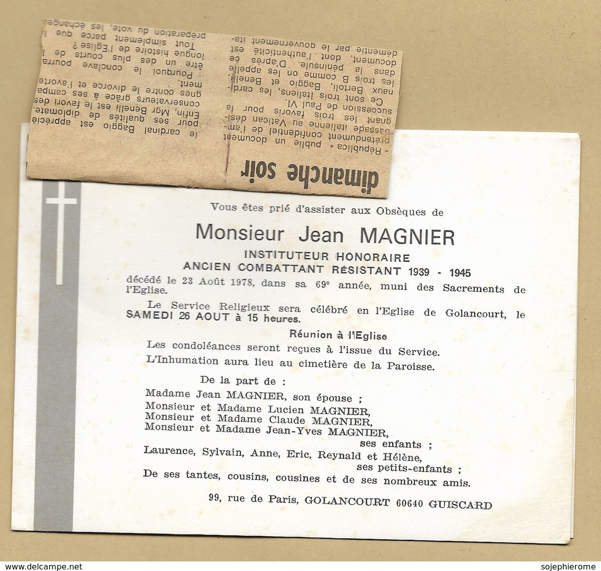 Faire-part Décès Golancourt (60) Jean Magnier Instituteur Ancien Combattant Résistant 1939-1945 - 3scans 23-08-1978 - Décès