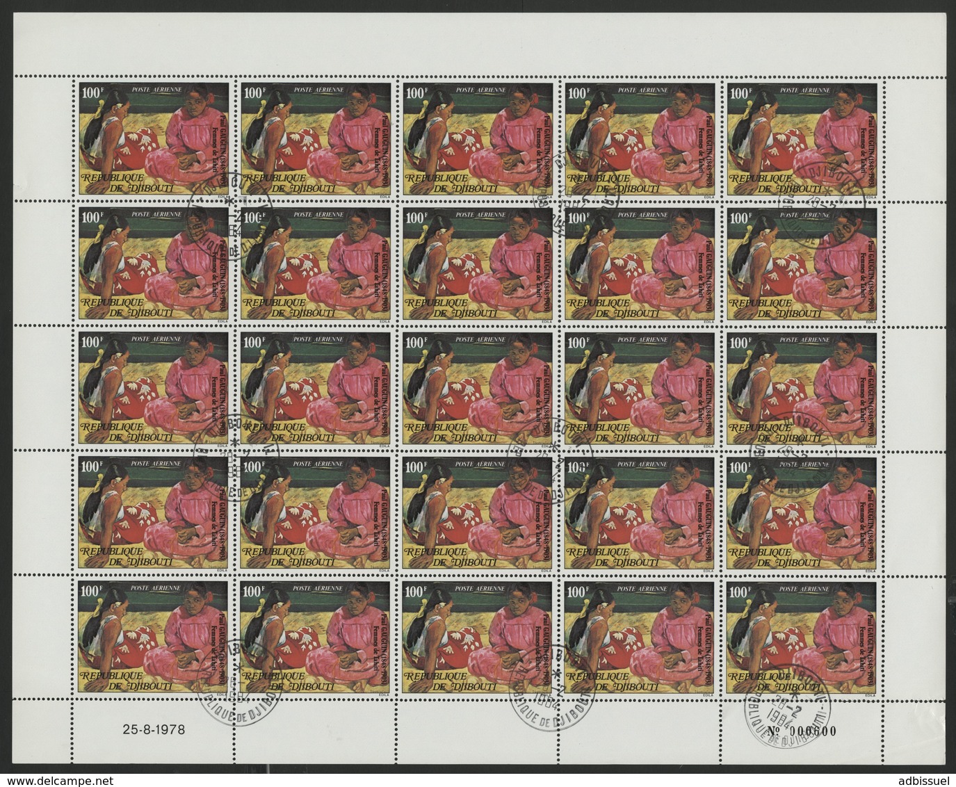 POSTE AERIENNE N° 125 FEUILLE COMPLETE DE 25 EXEMPLAIRES COTE 25 EUROS DU 100 Fr FEMMES DE TAHITI - Yibuti (1977-...)