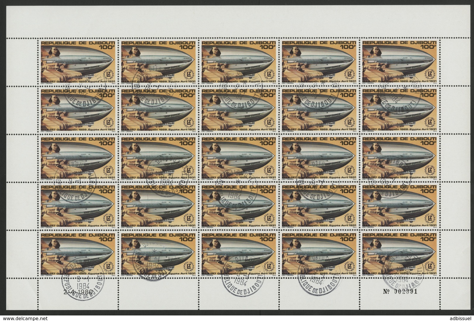 DJIBOUTI POSTE AERIENNE COTE 50 € N° 144 ET 145 SERIE DE 2 FEUILLES COMPLETES DE 25 EXEMPLAIRES. ZEPPELIN - Zeppelins