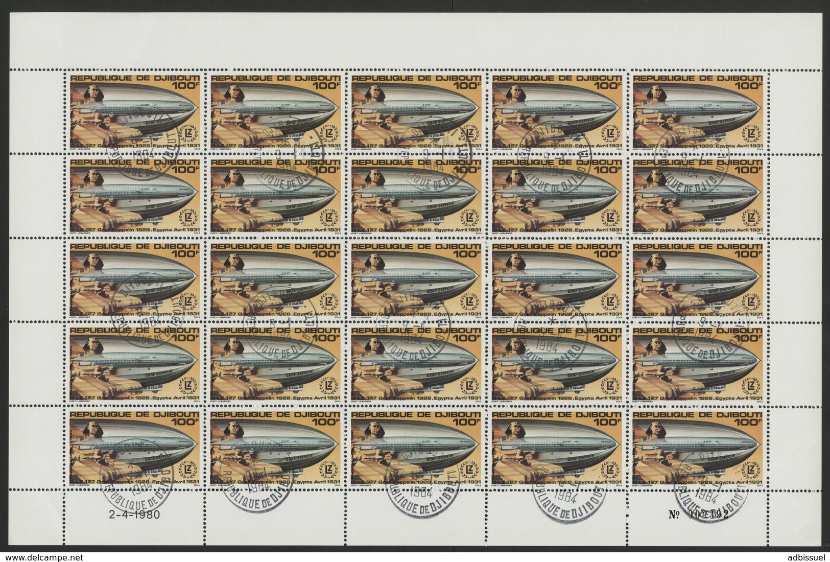 DJIBOUTI POSTE AERIENNE N° 144 FEUILLE COMPLETE DE 25 EXEMPLAIRES COTE 20 EUROS DU 100 Fr GRAFF ZEPPELIN - Zeppelines
