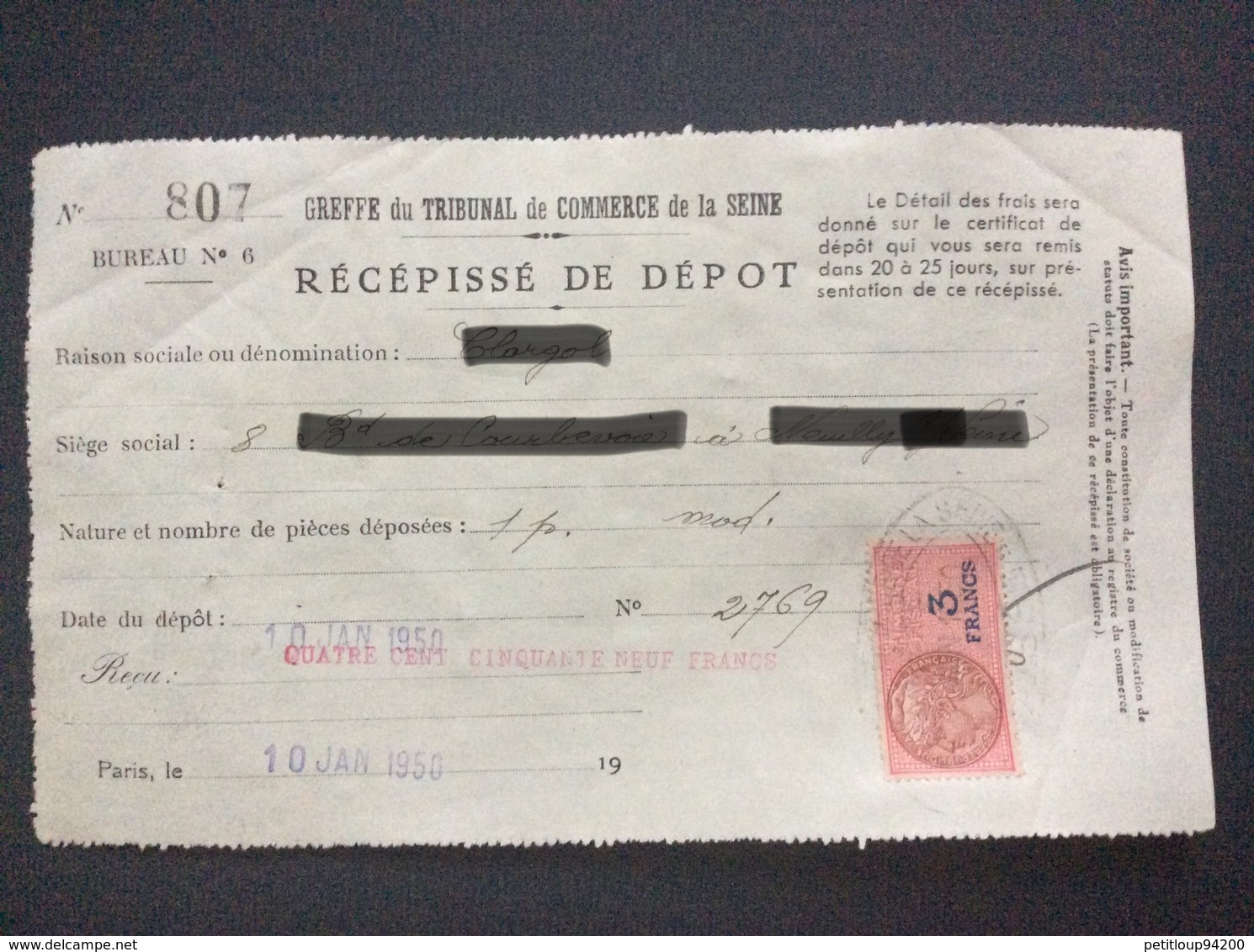 TIMBRE FISCAL SUR DOCUMENT Recepisse De Dépôt GREFFE Du TRIBUNAL De COMMERCE De La SEINE *3 Francs NEUILLY/s SEINE 1950 - Storia Postale