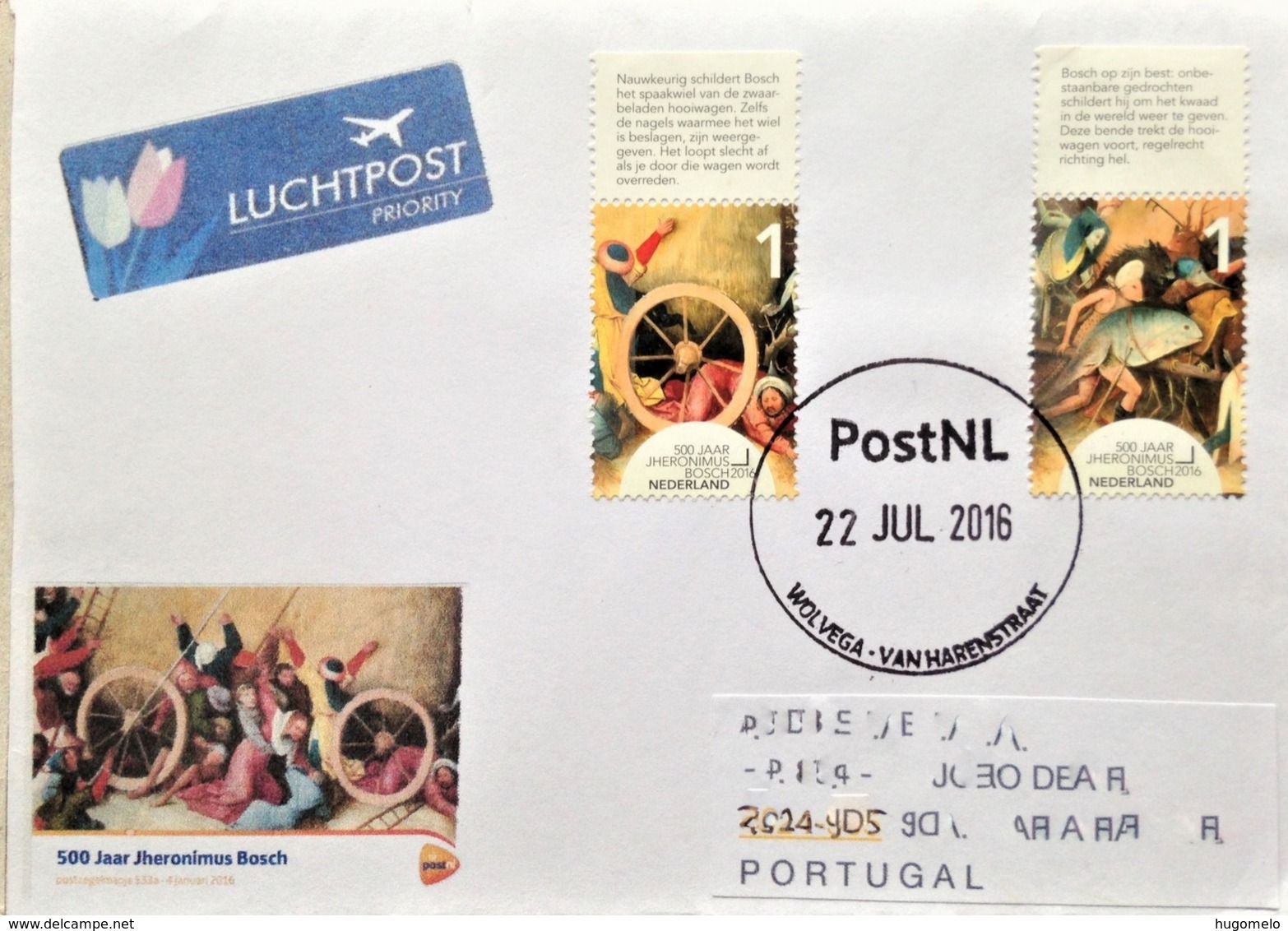 Netherlands, Circulated Cover To Portugal, "Painting", "Famous People", "Jheronimus Bosch", 2016 - Covers & Documents