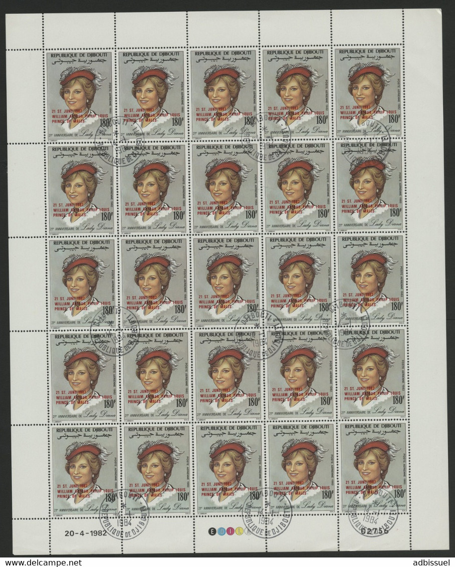 DJIBOUTI POSTE AERIENNE N° 172A Et 173A SERIE DE 2 FEUILLES COMPLETES DE 25 EXEMPLAIRES COTE 75 . Lady Diana - Familles Royales