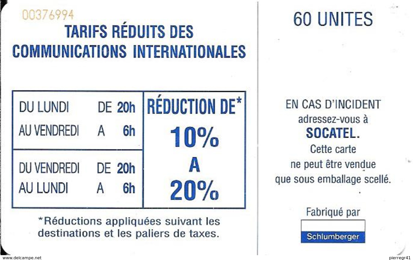 CARTE-PUCE-CENTRE AFRIQUE-60U-SC7-SOCATEL-BLEU-V°TARIFS REDUITS-N°Rge 00376994 En Haut A Gauche-TBE - Centrafricaine (République)