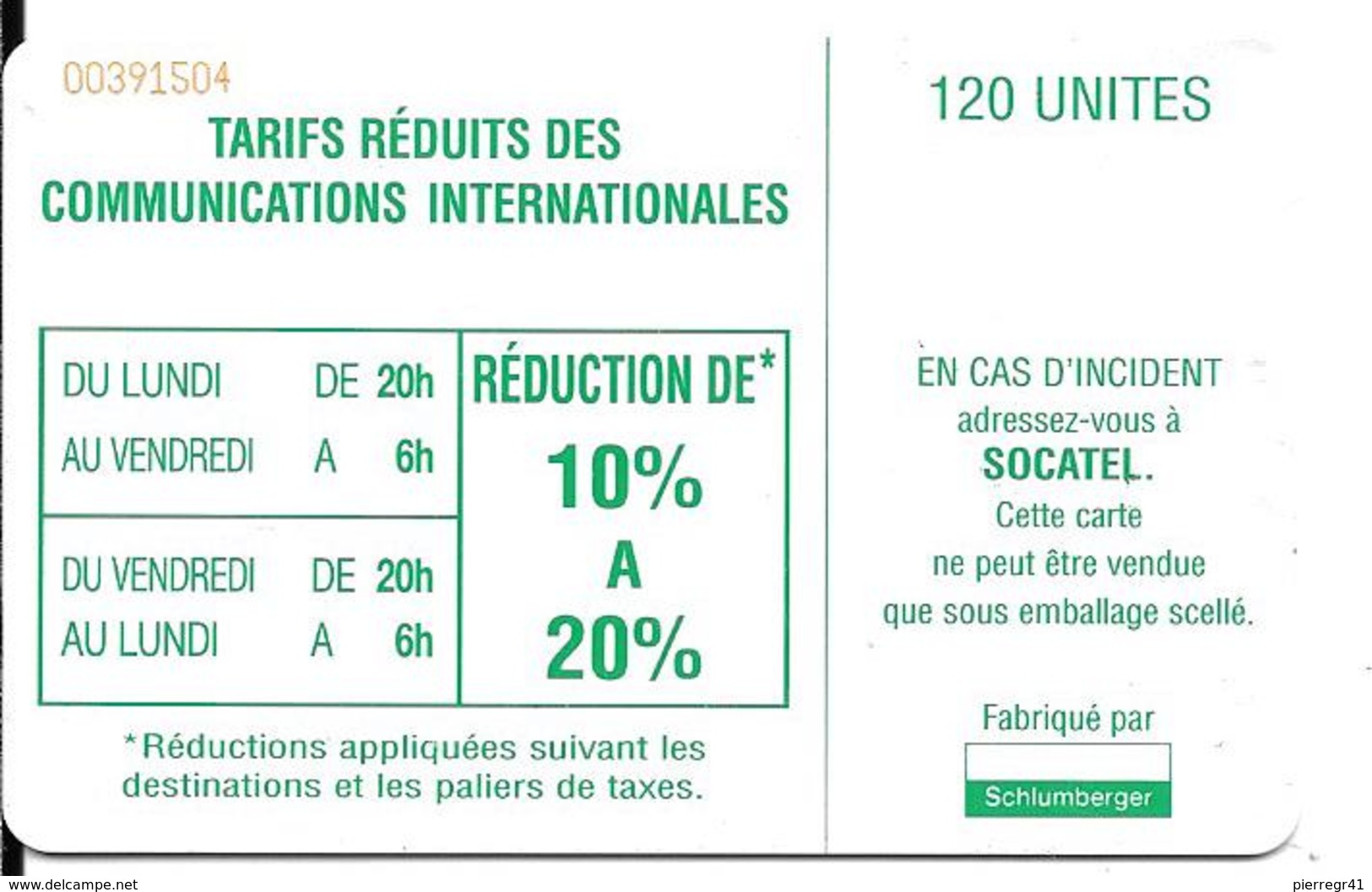 CARTE-PUCE-CENTRE AFRIQUE-120U-SC7-SOCATEL-BLEU-V°TARIFS REDUITS-N°Rge 00391504 En Haut A Gauche-TBE - Zentralafrik. Rep.