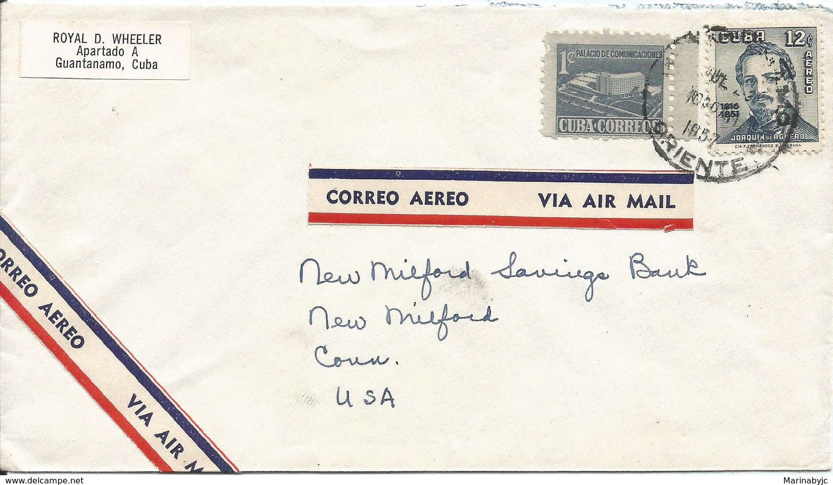 J) 1957 CARIBE, COMMUNICATIONS PALACE, JOAQUIN DE AGÜERO, MULTIPLE STAMPS, AIRMAIL, CIRCULATED COVER, FROM CARIBE TO USA - Other & Unclassified