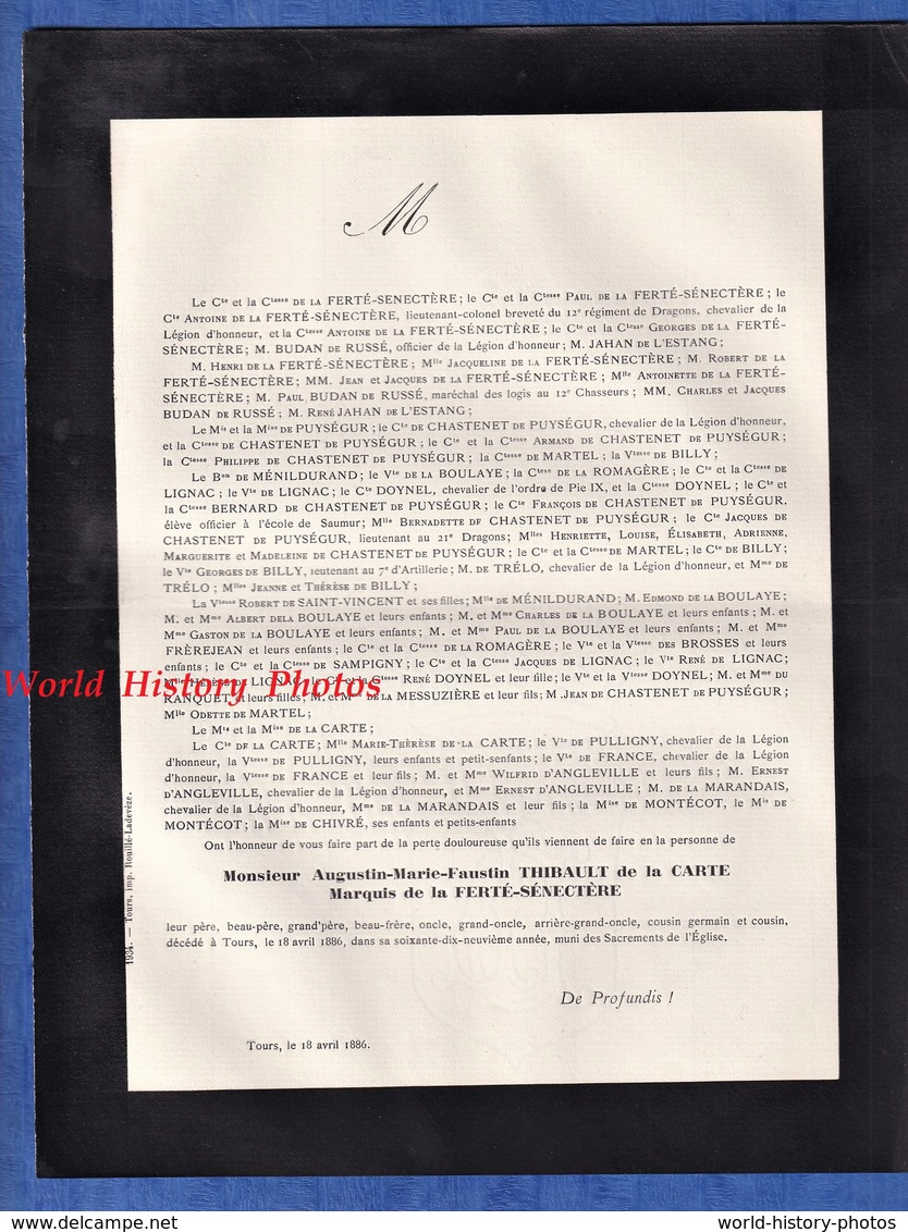 Document De 1886 - TOURS - Monseur Augustin Marie Faustin THIBAULT De La CARTE Marquis De La Ferté Sénectère - Décès