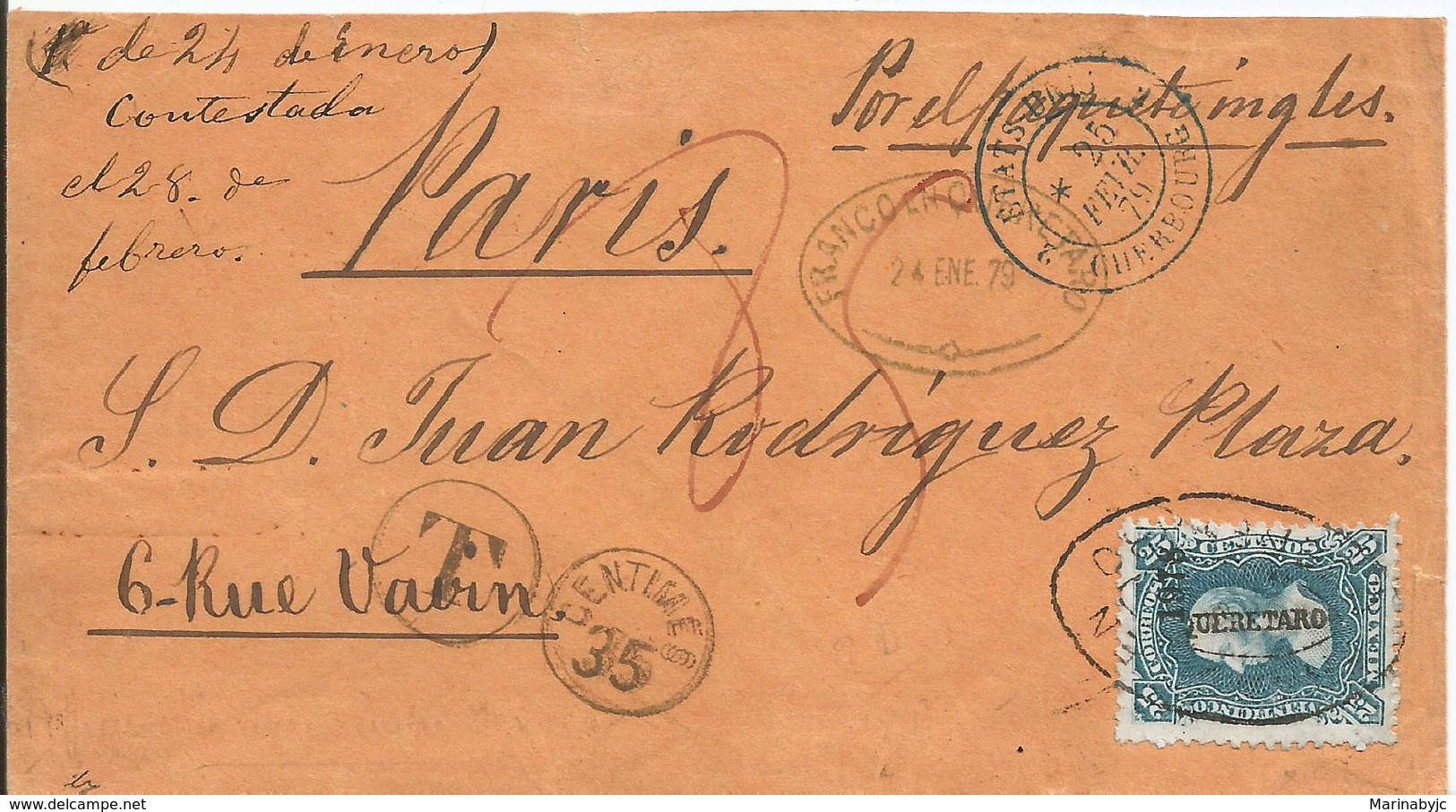 J) 1979 MEXICO, HIDALGO'S HEAD, QUERETARO, 25 CENTS BLUE, CIRCULATED COVER, FROM QUERETARO TO PARIS, FRANCO EN QUERETARO - Mexico