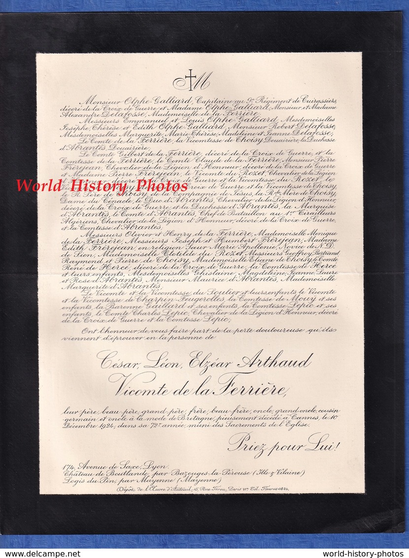 Document De 1924 - CANNES / LYON / Château De BOUTLANDE - César Léon Elzéar ARTHAUD Vicomte De La FERRIERE - Décès