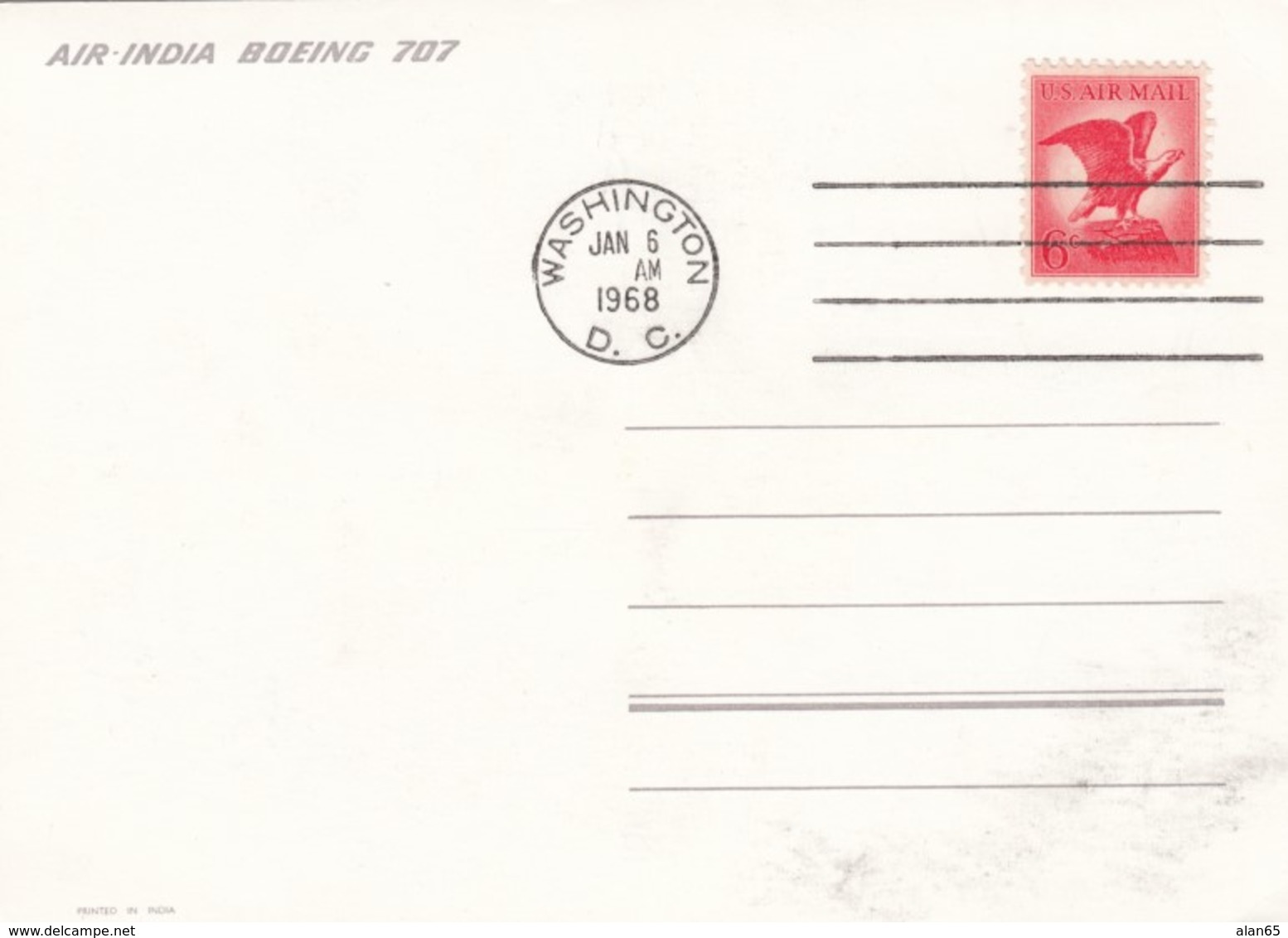 Air India Boeing 707 Jet Plane Sc#C67 6-cent Air Mail Stamp C1960s Vintage Postcard - 1946-....: Modern Era