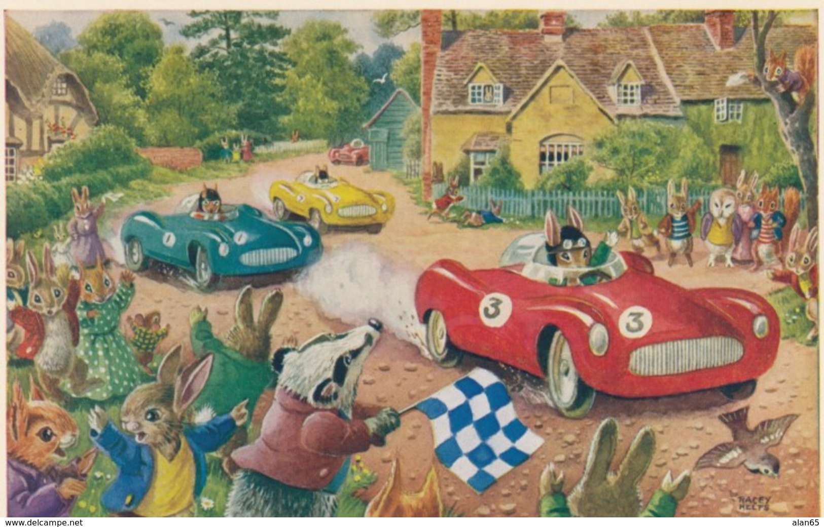 Racey Helps Artist Image Rabbits Dressed As People Auto Race C1960s Vintage Medici Society Postcard - Other & Unclassified