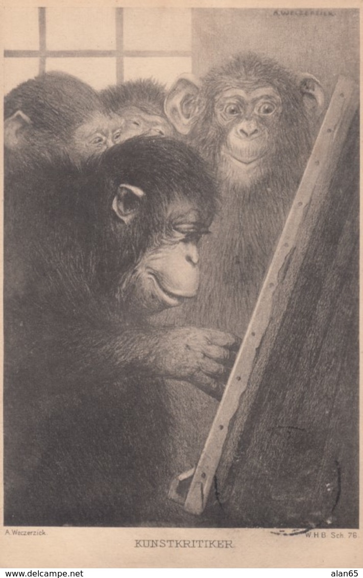 'Kunstkritiker' 'Art Critic' Monkey As Artist And Critic C1920s Vintage Postcard - Monkeys