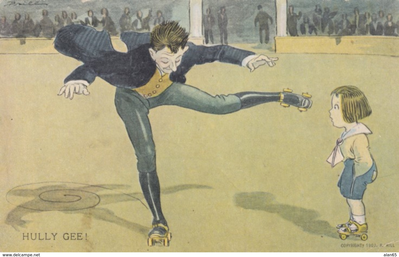 Roller Skating Theme 'Hully Gee' Artist Image Man Skates Child Watches C1900s Vintage Postcard - Other & Unclassified