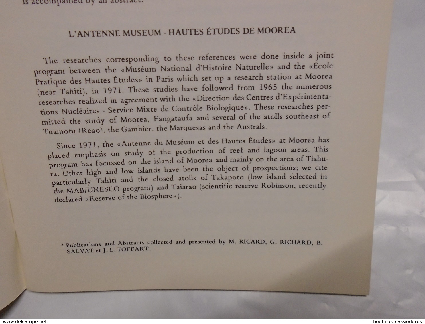 CORAL REEF AND LAGOON RESEARCH IN FRENCH POLYNESIA 123 PUBLICATIONS  WITH ABSTRACTS REVUE ALGOLOGIQUE  FASC HS N° 1 1977 - Outre-Mer