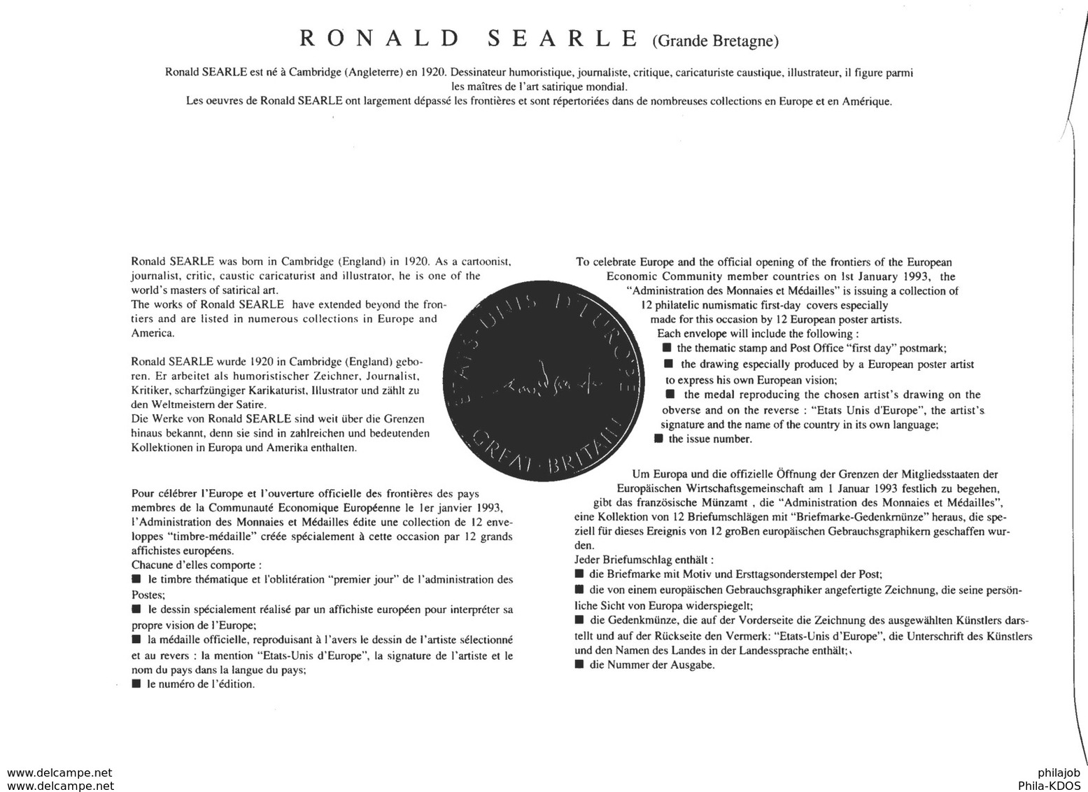 FRANCE 1992 : " EUROPA / RONALD SEARLE / GB / ETOILES " Enveloppe Philatélique Numismatique 1er Jour N°tée Parf état EPN - Colecciones