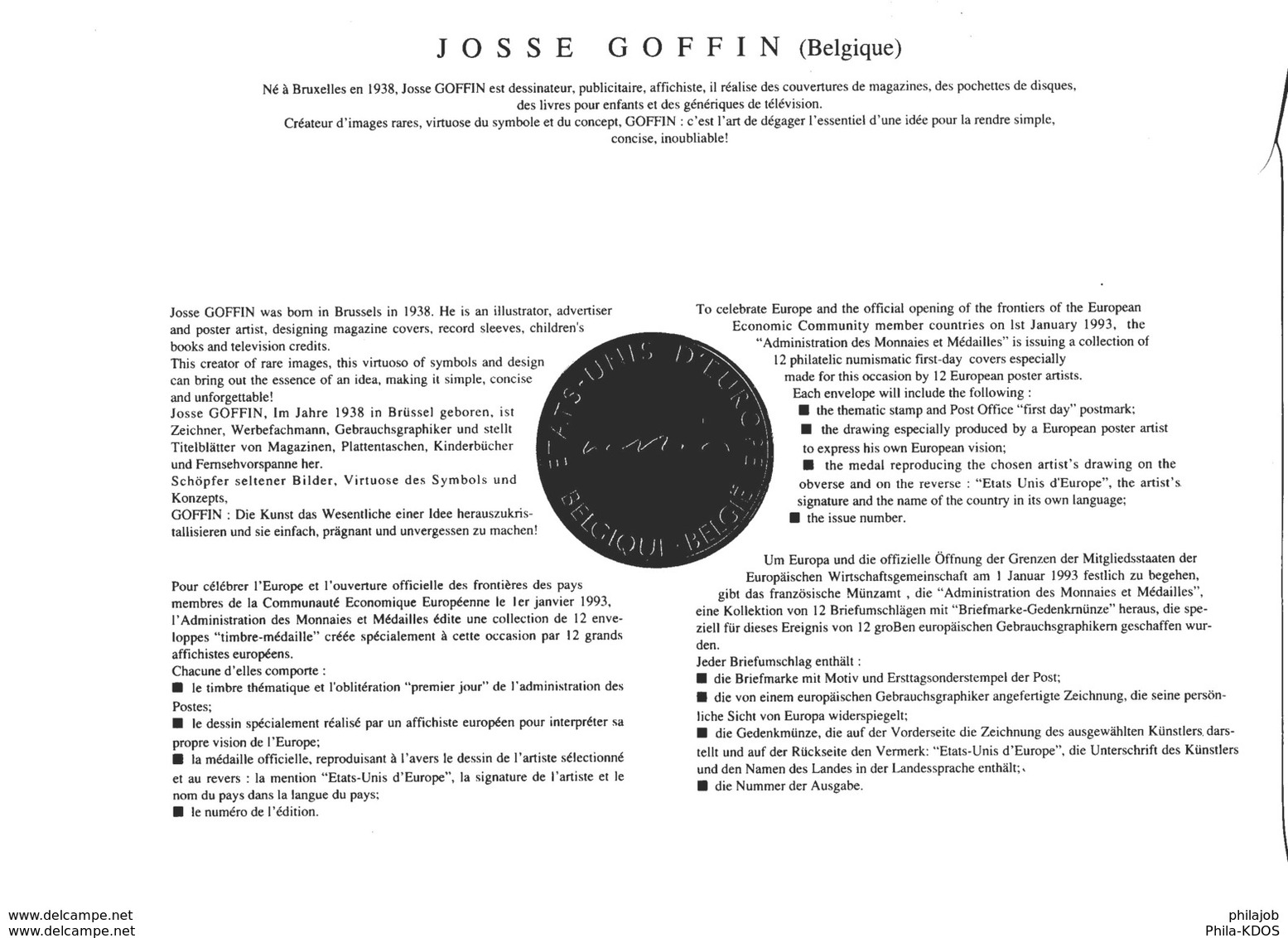 FRANCE 1992 : EUROPA / JOSS GOFFIN / BELGIQUE / ETOILES Enveloppe Philatélique Numismatique 1er Jour N°tée Parf état EPN - Collezioni