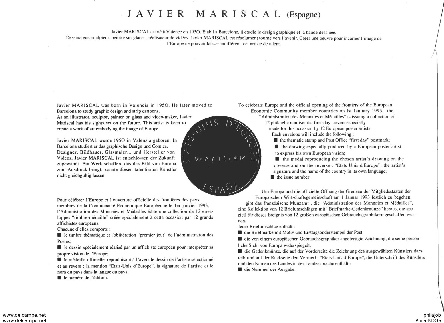 FRANCE 1992 : " EUROPA / JAVIER MARISCAL / ESPAGNE " Enveloppe Philatélique Numismatique 1er Jour N°tée Parf état EPN - Collezioni