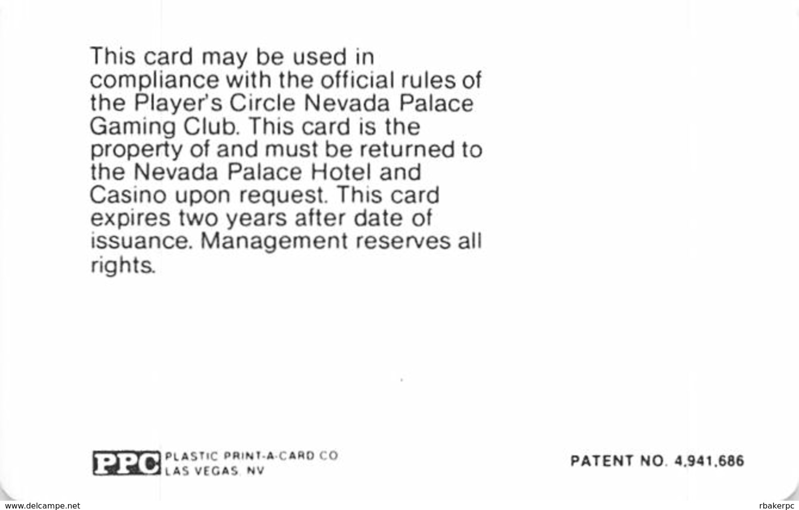 Nevada Palace Casino - Las Vegas NV - BLANK Players Circle Gaming Club Slot Card - Casino Cards