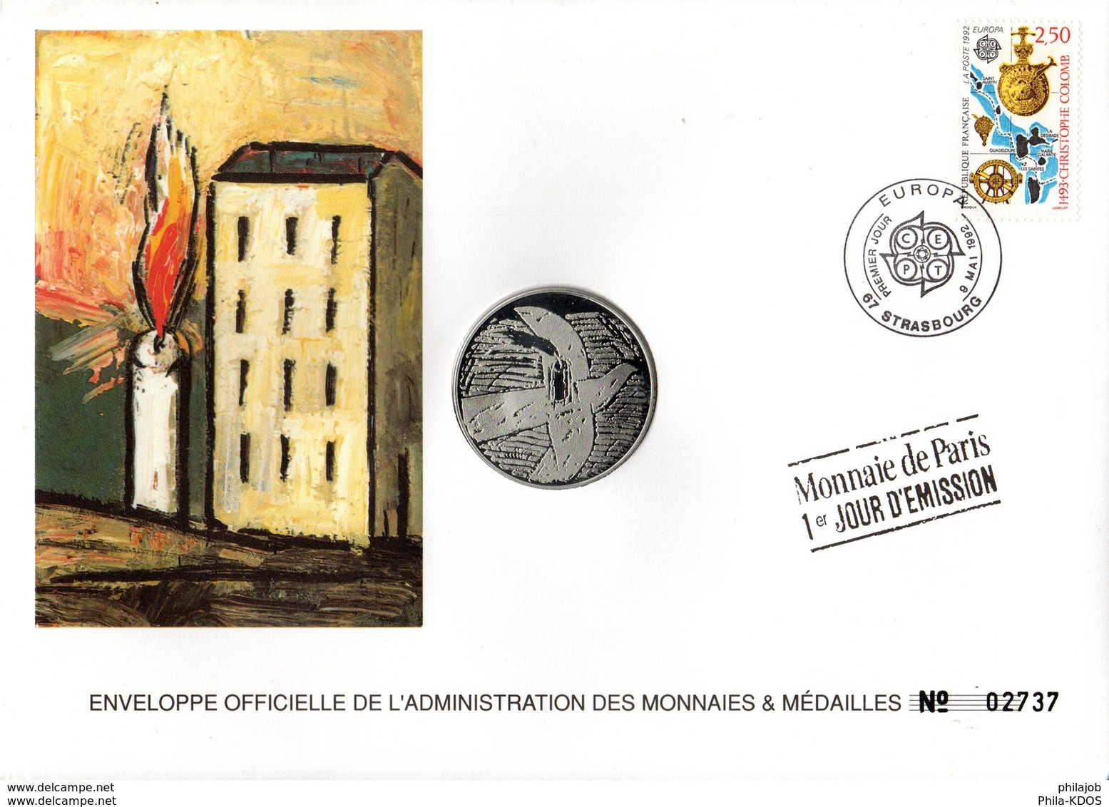 FRANCE 1992 : EUROPA / H. EDELMANN / ALLEMAGNE COLOMBE Enveloppe Philatélique Numismatique 1er Jour N°tée Parf état EPN - Collections