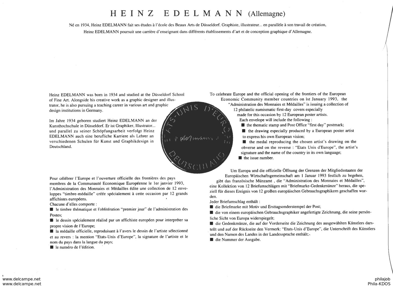 FRANCE 1992 : EUROPA / H. EDELMANN / ALLEMAGNE COLOMBE Enveloppe Philatélique Numismatique 1er Jour N°tée Parf état EPN - Verzamelingen