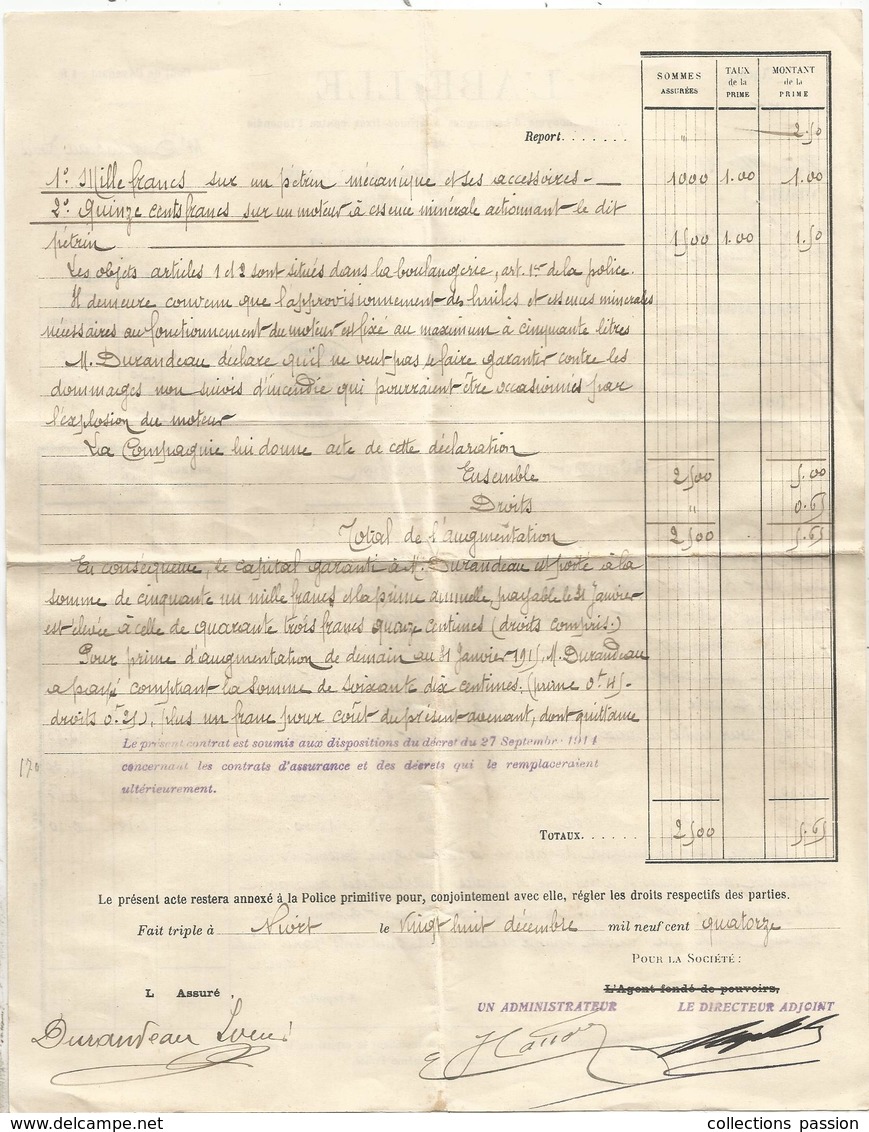 AVENANT D'AUGMENTATION à La Police D'assurance , L'ABEILLE ,agence De Niort , 1914, 2 Scans , Frais Fr 1.55 E - 1900 – 1949