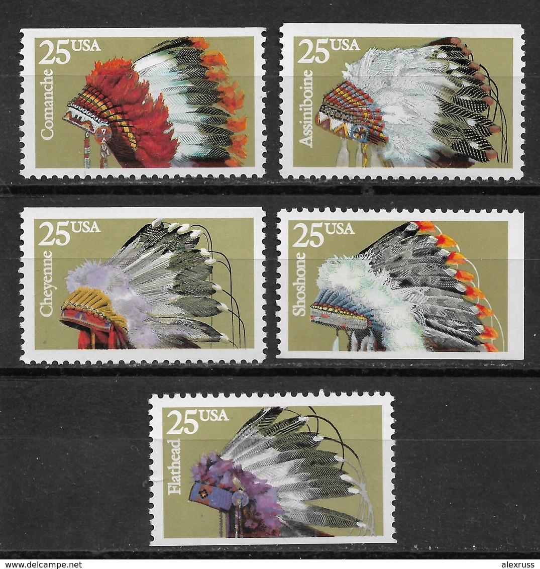 US 1990, Scott # 2501-05, American Indian Chefs Headdresses 25c ,VF MLH* - American Indians