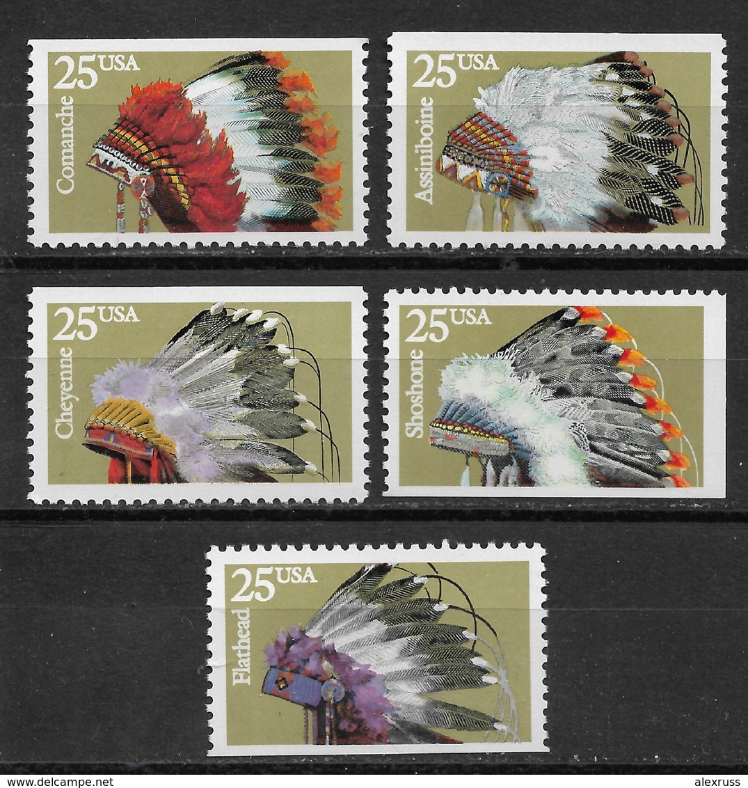 US 1990, Scott # 2501-05, American Indian Chefs Headdresses 25c ,VF MLH* - Unused Stamps