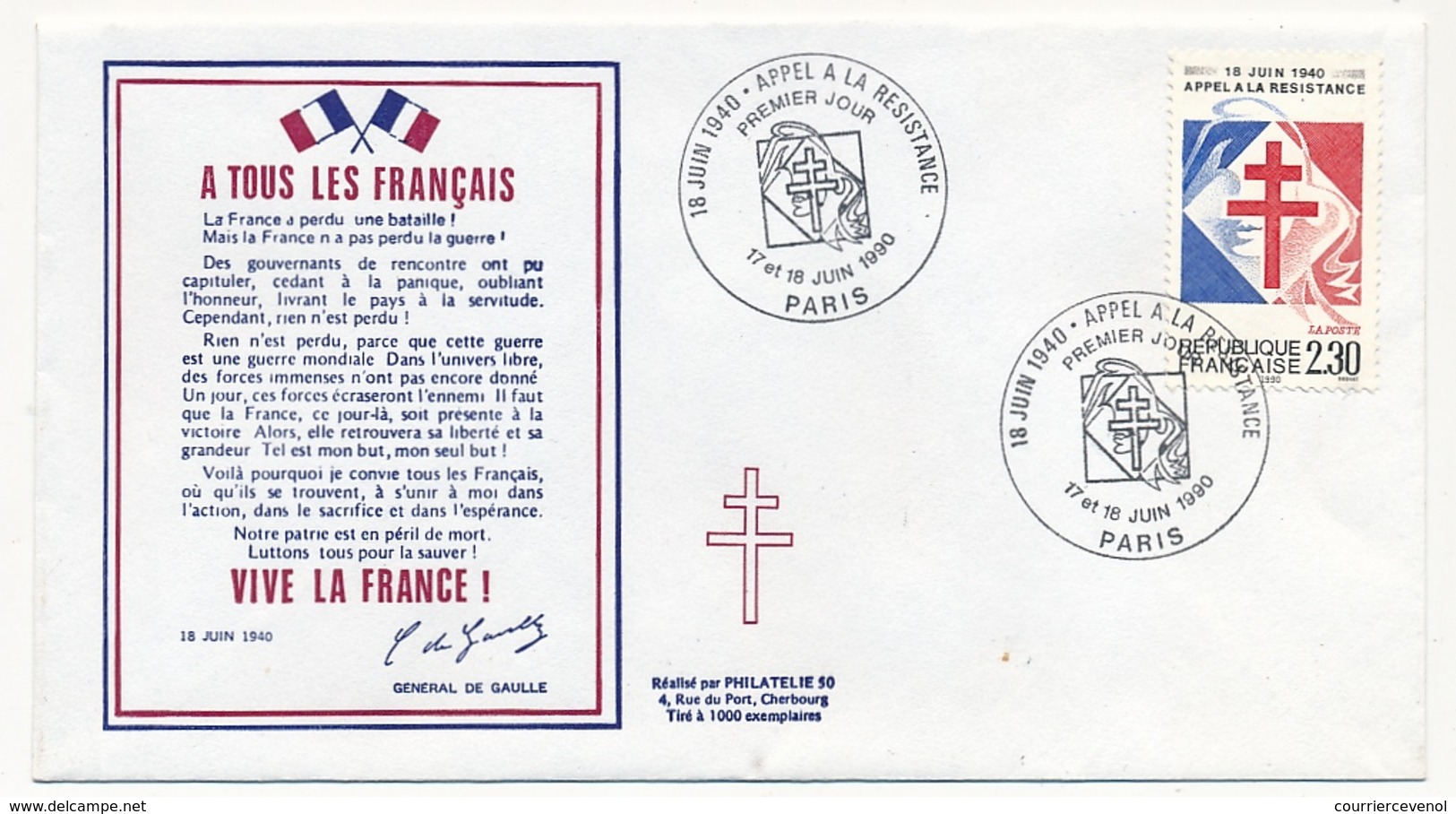 FRANCE - Enveloppe - Cachet Premier Jour "Appel à La Résistance" - PARIS - 17/18.6.1990 - De Gaulle (General)