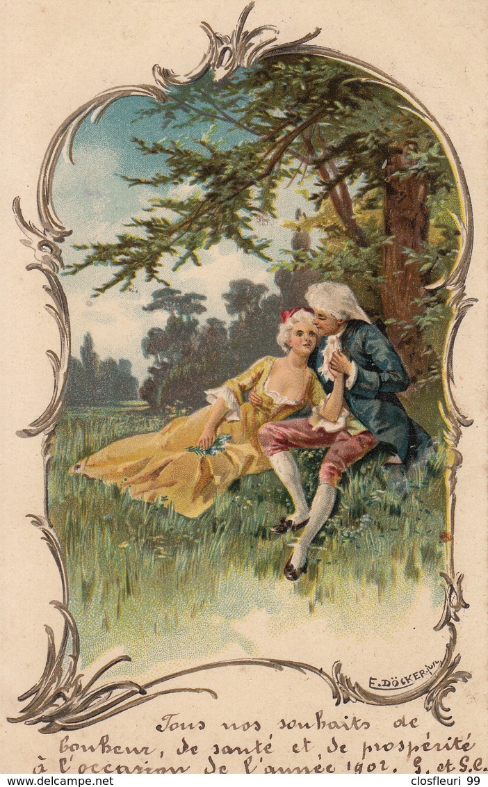 Superbe Litho De E. Doecker.  Le Couple, Romantisme. Carte Précurseur Des Année 1880 - Doecker, E.