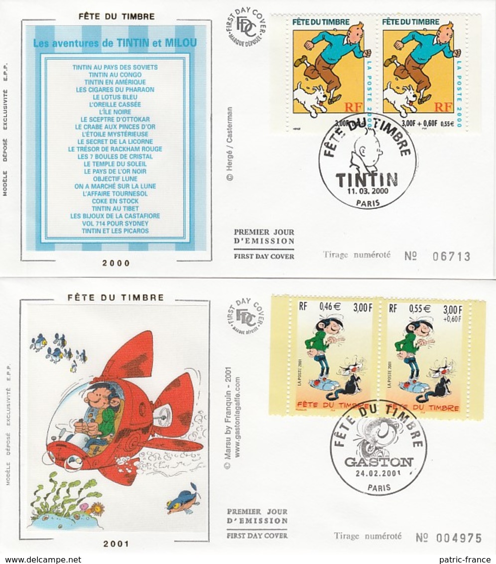 France FDC 2000 2003 - Fête Du Timbre Paire Carnet  Tintin Lagaffe Boule & Bill Lucky Luke - 2000-2009