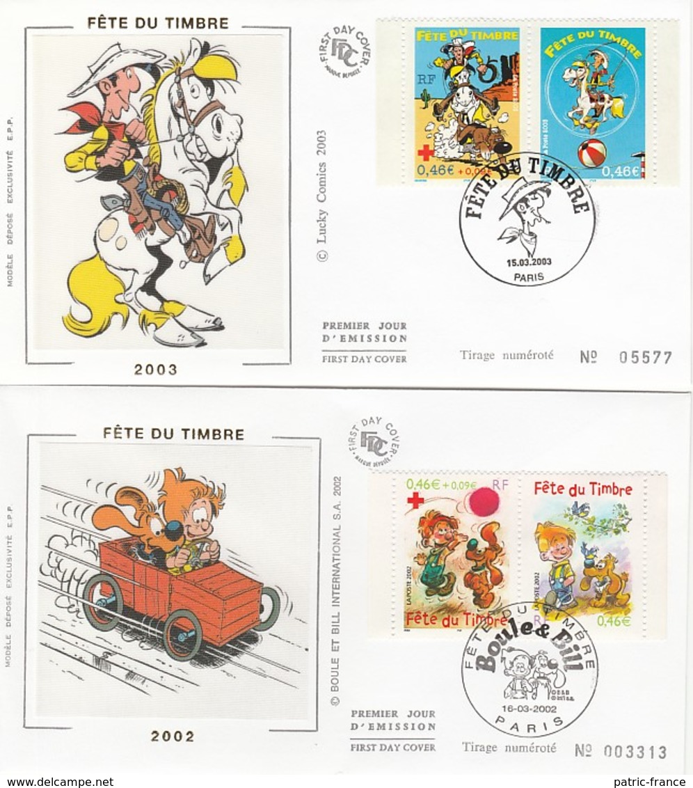 France FDC 2000 2003 - Fête Du Timbre Paire Carnet  Tintin Lagaffe Boule & Bill Lucky Luke - 2000-2009