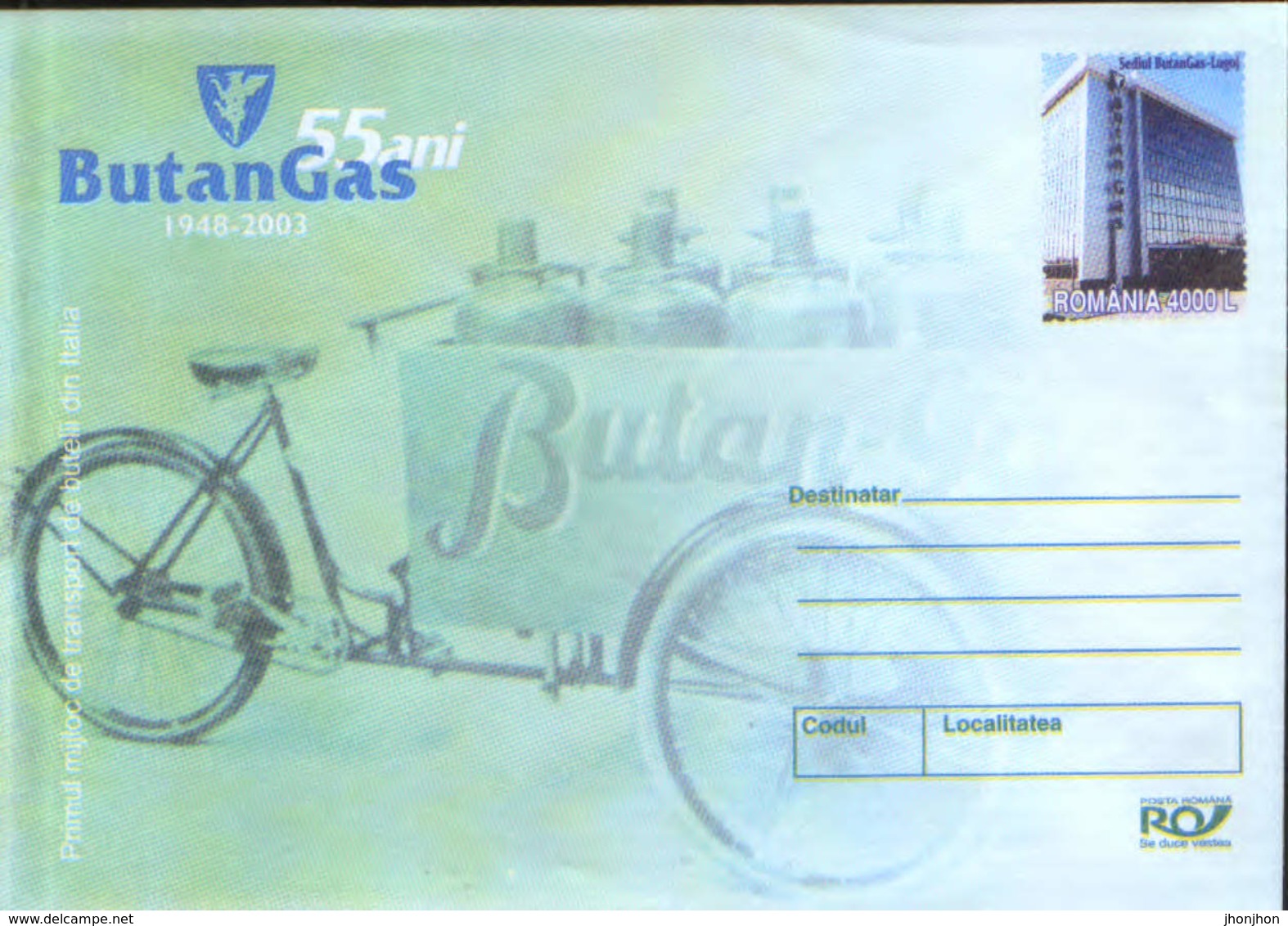 Romania - Stationery Cover Unused 2003(215)- 55 Years Old Butangas, The First Means Of Transport Of Bottles In Italy - Gaz