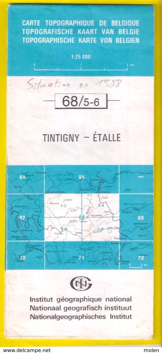 ©1988 TINTIGNY ETALLE CARTE D ETAT MAJOR ROSSIGNOL HOUDEMONT MARBEHAN RULLES BELLEFONTAINE TERMES HABAY-LA-VIEILLE S497