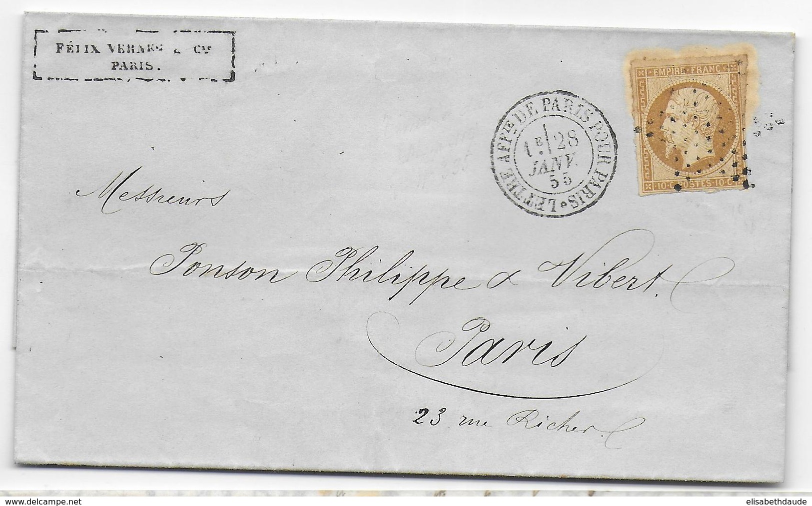 1855 - LETTRE Avec CACHET "LETTRE AFFie DE PARIS POUR PARIS" + ETOILE PLEINE - IND 9 - 1849-1876: Période Classique
