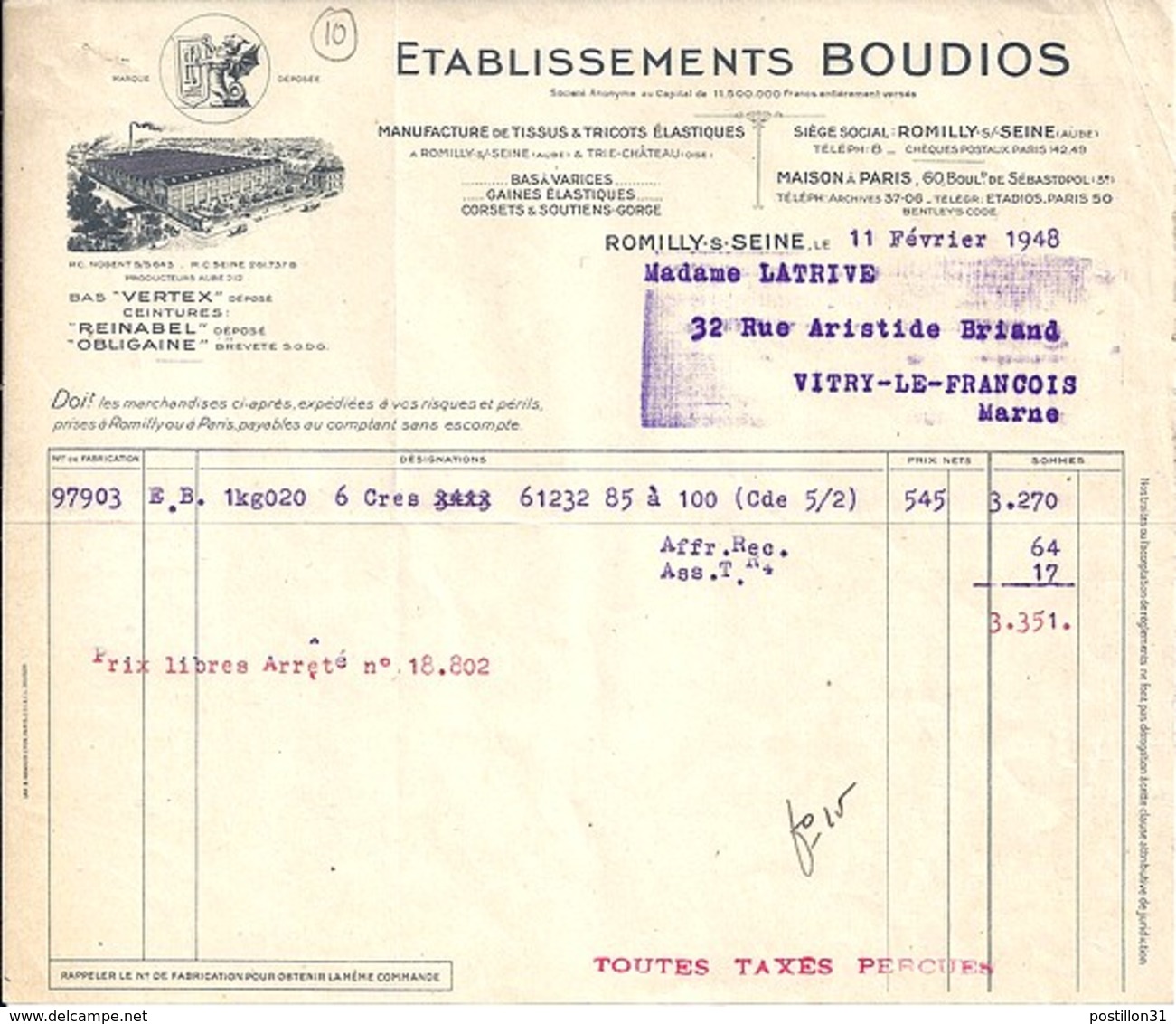 10 . AUBE . FACTURE / LETTRE . ROMILLY SUR SEINE . TISSUS ELASTIQUES ETS BOUDIOS . 1948 - 1900 – 1949