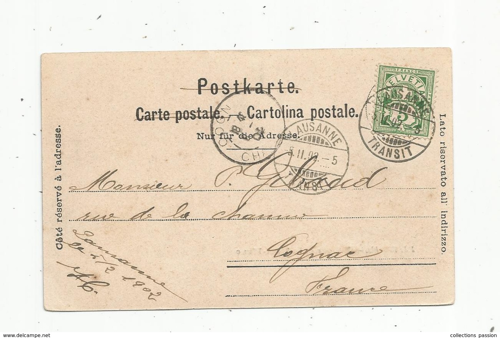 JC , SUISSE , LAUSANNE TRANSIT ,1902 , COGNAC , Charente , Sur Carte Postale De MORGES , 2 Scans - Marcophilie