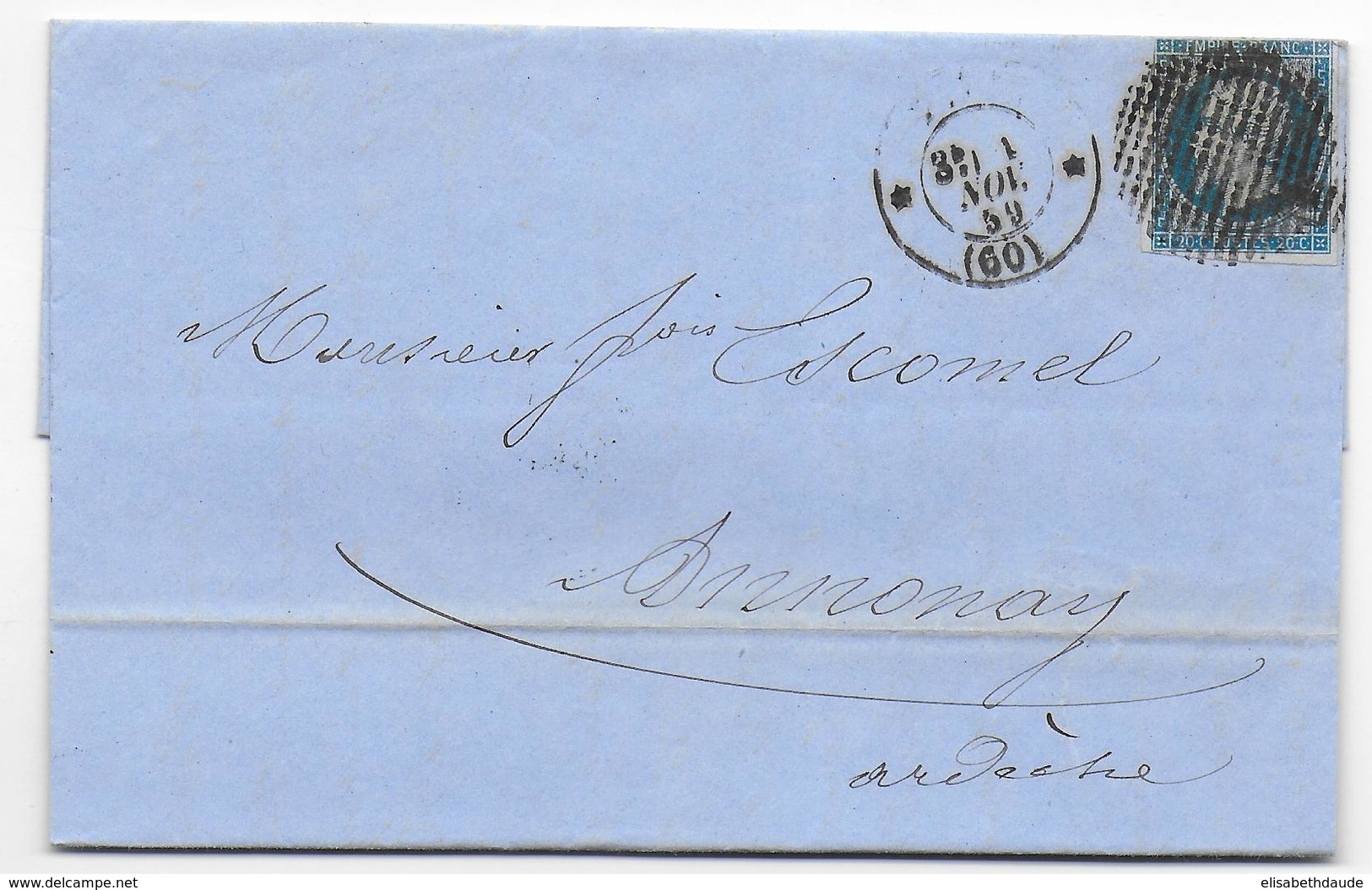 1859 - LETTRE Avec CERCLE De POINTS DIAM 23 Mm De PARIS => ANNONAY - 1849-1876: Période Classique