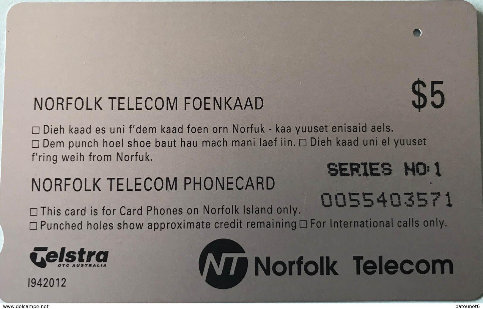 ILE NORFOLK  -  Phonecard  -  " Tamura " -  Kingston Norfolk Island - $5 - Norfolk Eiland