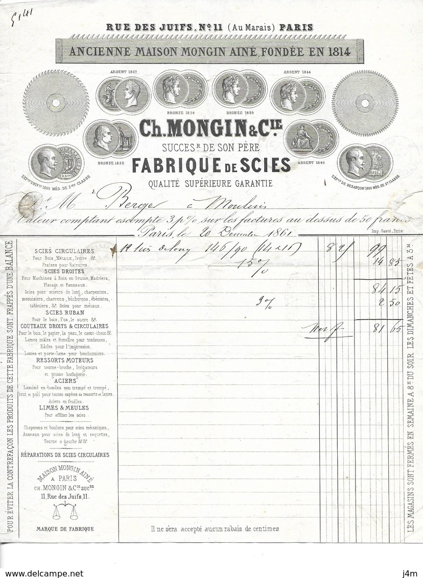 FACTURE De 1861..Fabrique De Scies, Ch. MONGIN, Rue Des Juifs à PARIS (75)..TIMBRE..2 Scans - 1800 – 1899