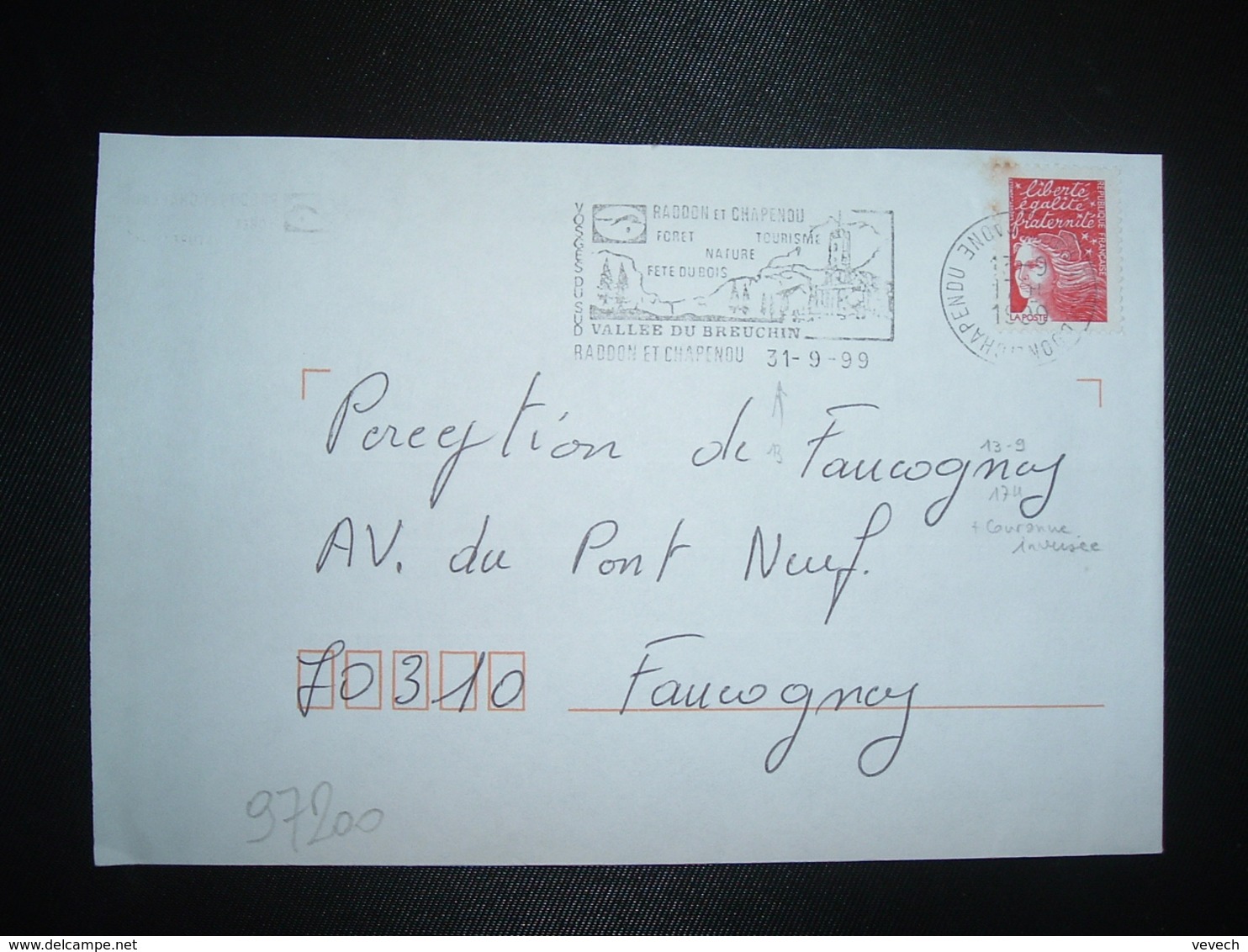 LETTRE TP M. DE LUQUET TVP ROUGE OBL.MEC. VARIETE 13-9 1999 70 RADDON ET CHAPENDU HAUTE SAONE - Oblitérations Mécaniques (flammes)