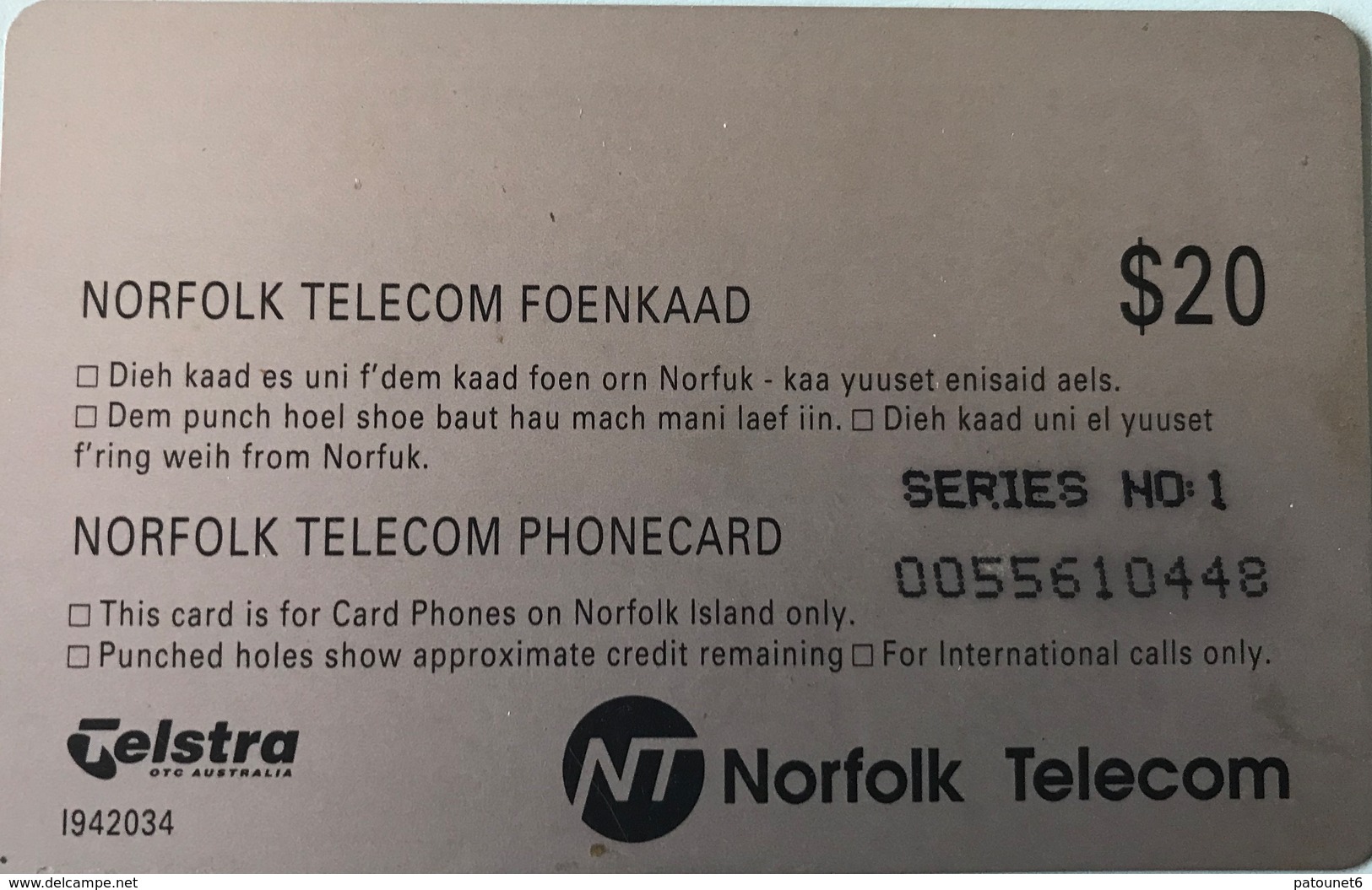 ILE NORFOLK  -  Phonecard  -  " Tamura " -  The " Bounty "  -  $20 - Norfolkinsel