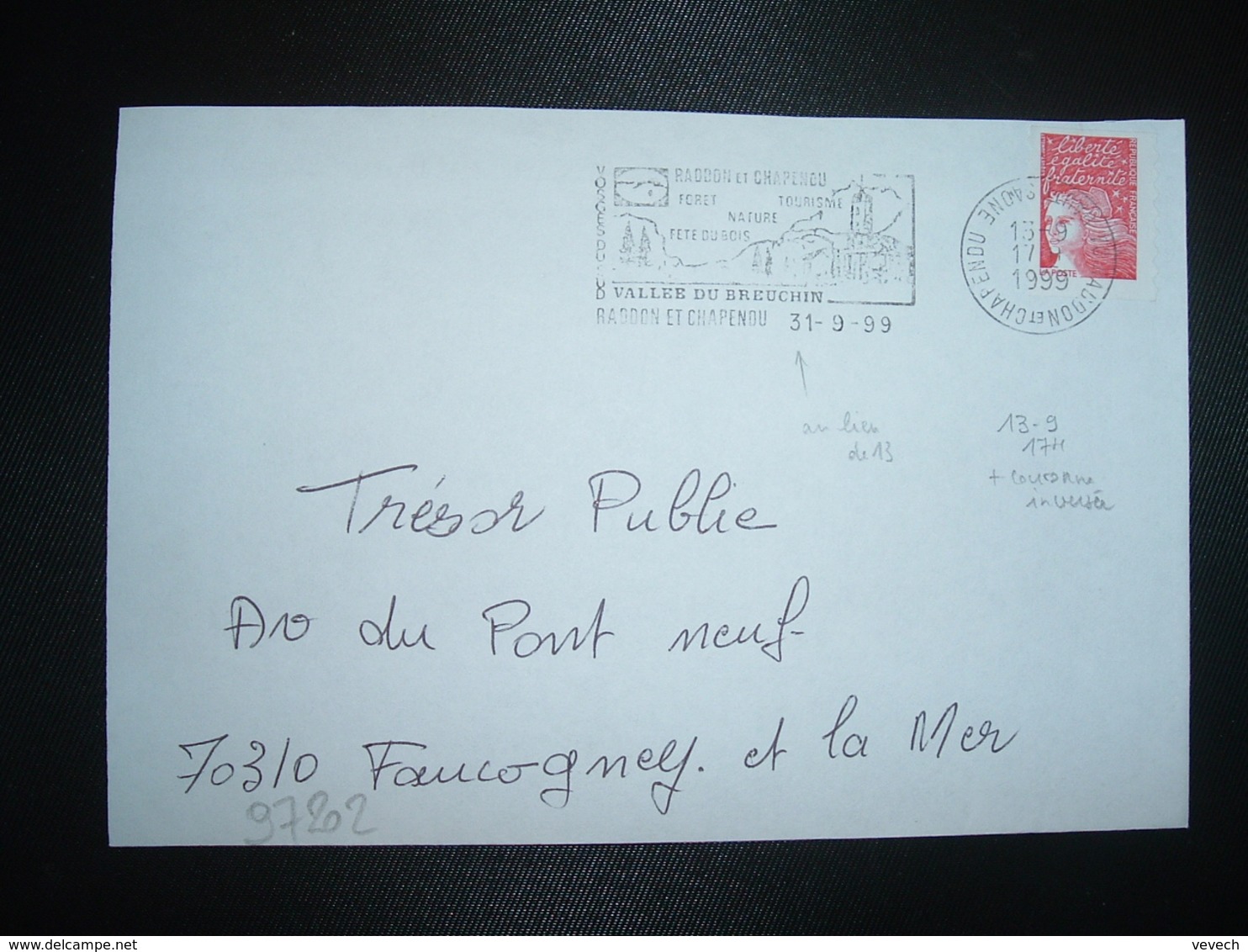 LETTRE TP M. DE LUQUET TVP ROUGE OBL.MEC. VARIETE 13-9 1999 70 RADDON ET CHAPENDU HAUTE SAONE - Oblitérations Mécaniques (flammes)