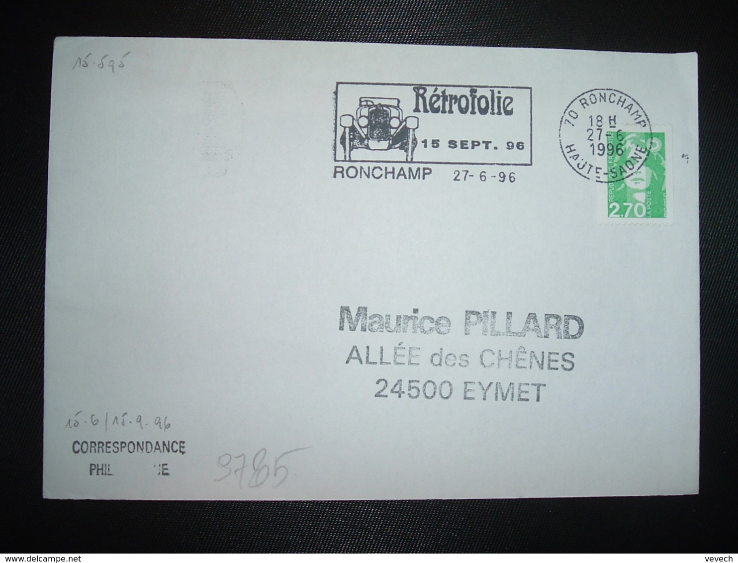 LETTRE TP M. DE BRIAT 2,70 ROULETTE OBL.MEC.27-6 1996 70 RONCHAMP + RETROFOLIE 1 SEPT. 96 - Oblitérations Mécaniques (flammes)