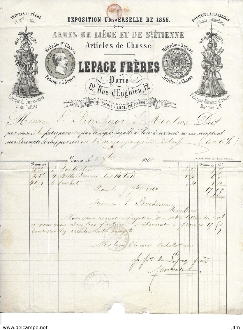 FACTURE De 1864..Armes De Liège Et St Etienne, LEPAGE Frères, Rue D'Enghein à PARIS (75)..TIMBRE..2 Scans - 1800 – 1899