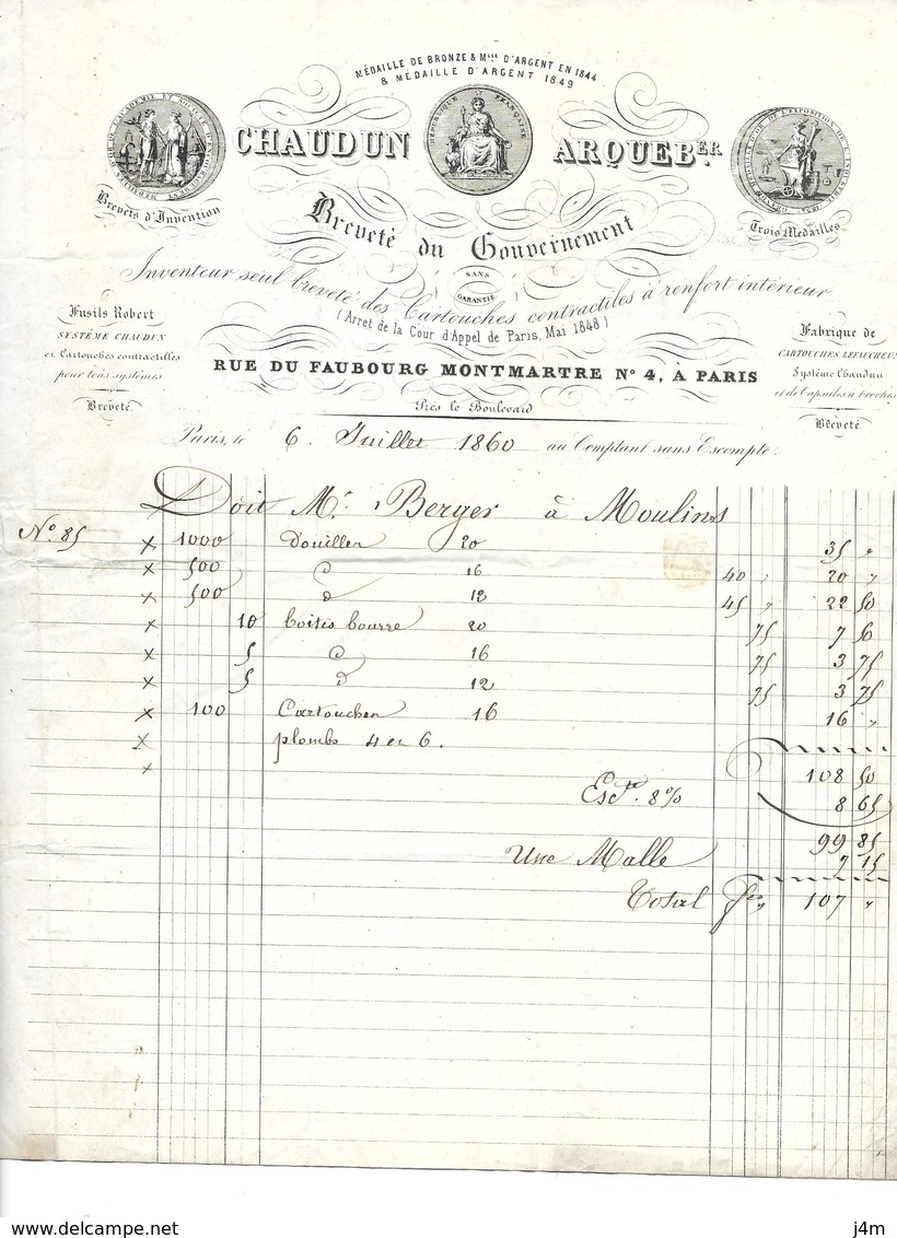 FACTURE De 1860..Cartouches Contractiles, CHAUDUN ARQUEBer, Rue Fg Montmartre à PARIS (75)..TIMBRE..2 Scans - 1800 – 1899